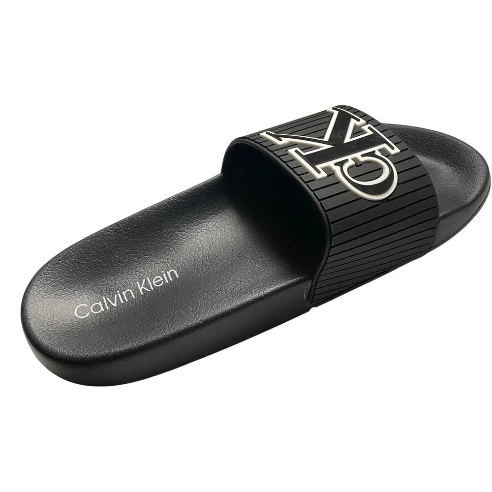 Calvin Klein Malonzo-C Ribbed Mens Black CK Logo‎ Slide Sandals Size 9 NWOT